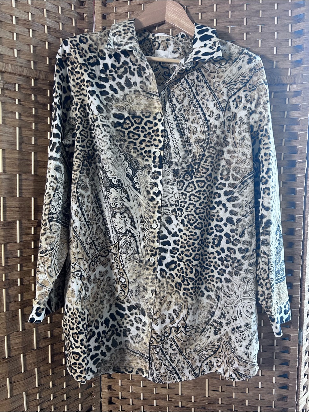 Chico’s Leopard Paisley 100% Cotton Long Sleeve Button Front Tunic Shirt XL Boho